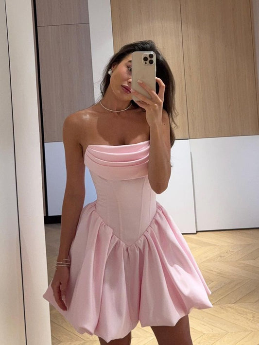Sweet Pink Strapless A-Line Satin Short Prom Dresses Elegant Homecoming Dress ED02672