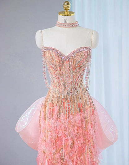 Superbe robe de soirée longue en satin fuchsia, style sirène, sans bretelles, ED02613
