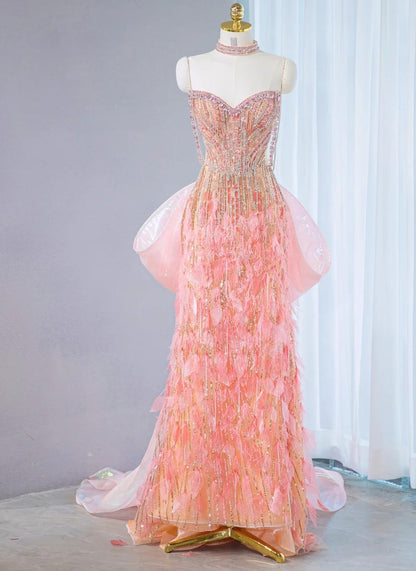 Superbe robe de soirée longue en satin fuchsia, style sirène, sans bretelles, ED02613