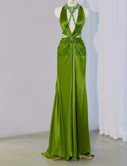 Superbe robe de soirée longue en satin fuchsia, style sirène, sans bretelles, ED02613