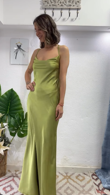 Glam Olive Green Spaghetti Straps Mermaid Satin Long Prom Dresses Formal Evening Gowns With Backless  ED02682
