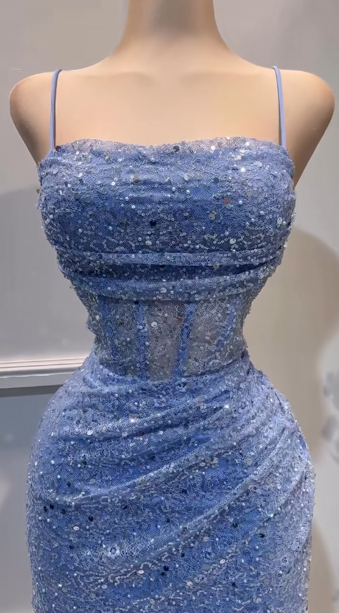 Sexy Glitter Blue Spaghetti Straps Bodycon Tulle Lace Short Prom Dresses Birthday Party Dress with Sequins  ED02686