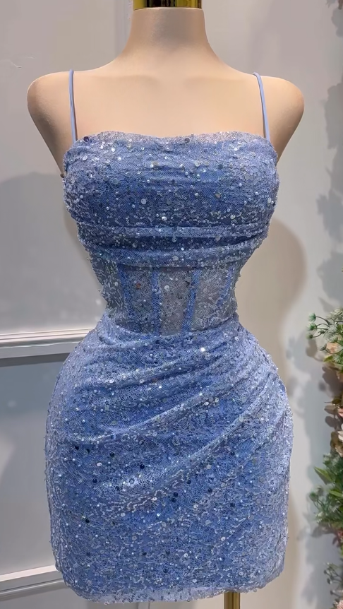 Sexy Glitter Blue Spaghetti Straps Bodycon Tulle Lace Short Prom Dresses Birthday Party Dress with Sequins  ED02686