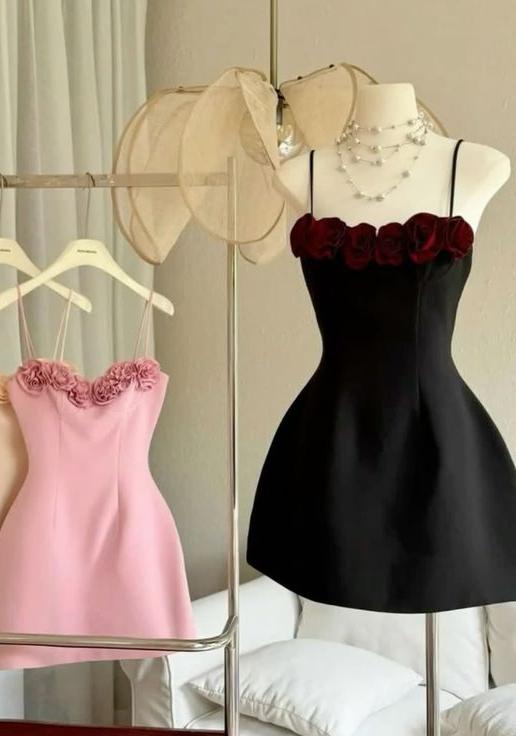 Glam Spaghetti Straps A-Line Satin Prom Dresses Short Party Dress with Applique  ED02687