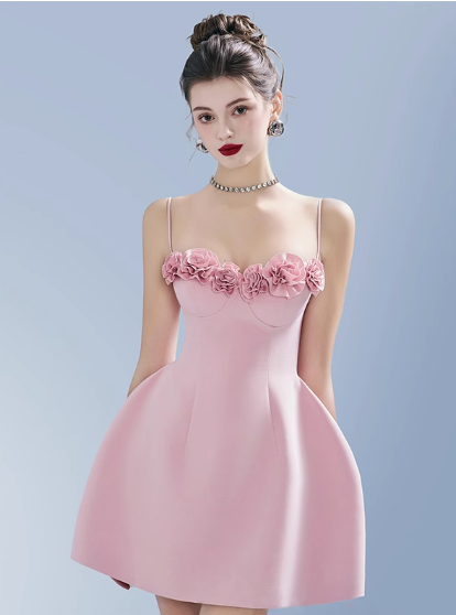 Glam Spaghetti Straps A-Line Satin Prom Dresses Short Party Dress with Applique  ED02687