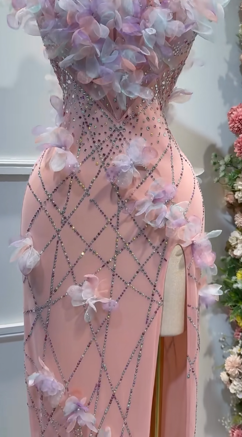 Superbe robe de soirée longue en satin fuchsia, style sirène, sans bretelles, ED02613