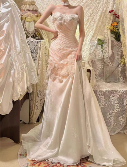 Superbe robe de soirée longue en satin fuchsia, style sirène, sans bretelles, ED02613