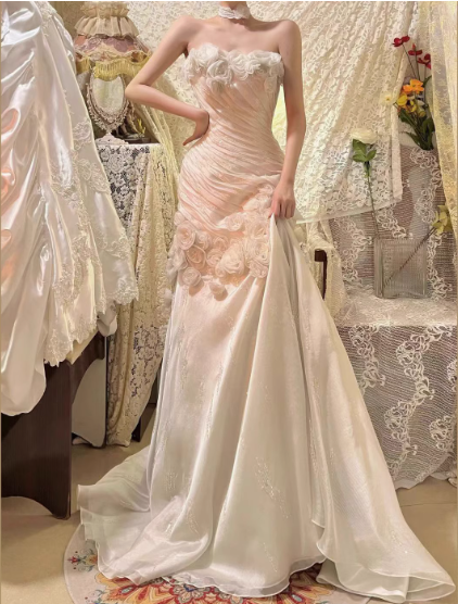 Superbe robe de soirée longue en satin fuchsia, style sirène, sans bretelles, ED02613