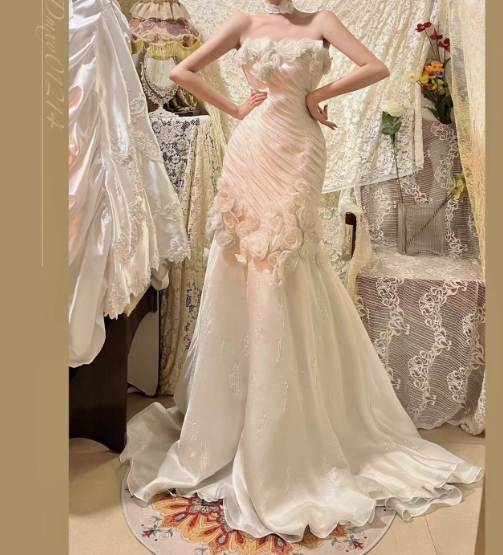 Superbe robe de soirée longue en satin fuchsia, style sirène, sans bretelles, ED02613