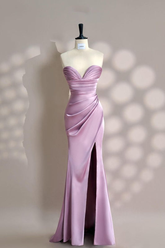 Superbe robe de soirée longue en satin fuchsia, style sirène, sans bretelles, ED02613