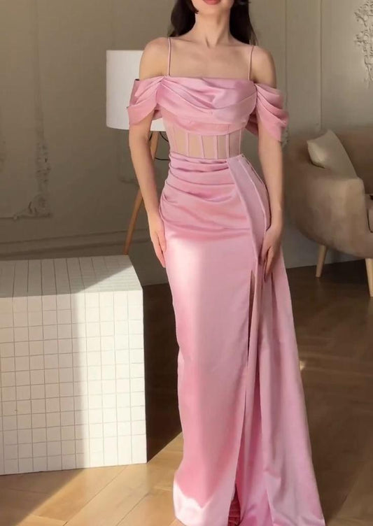 Superbe robe de soirée longue en satin fuchsia, style sirène, sans bretelles, ED02613