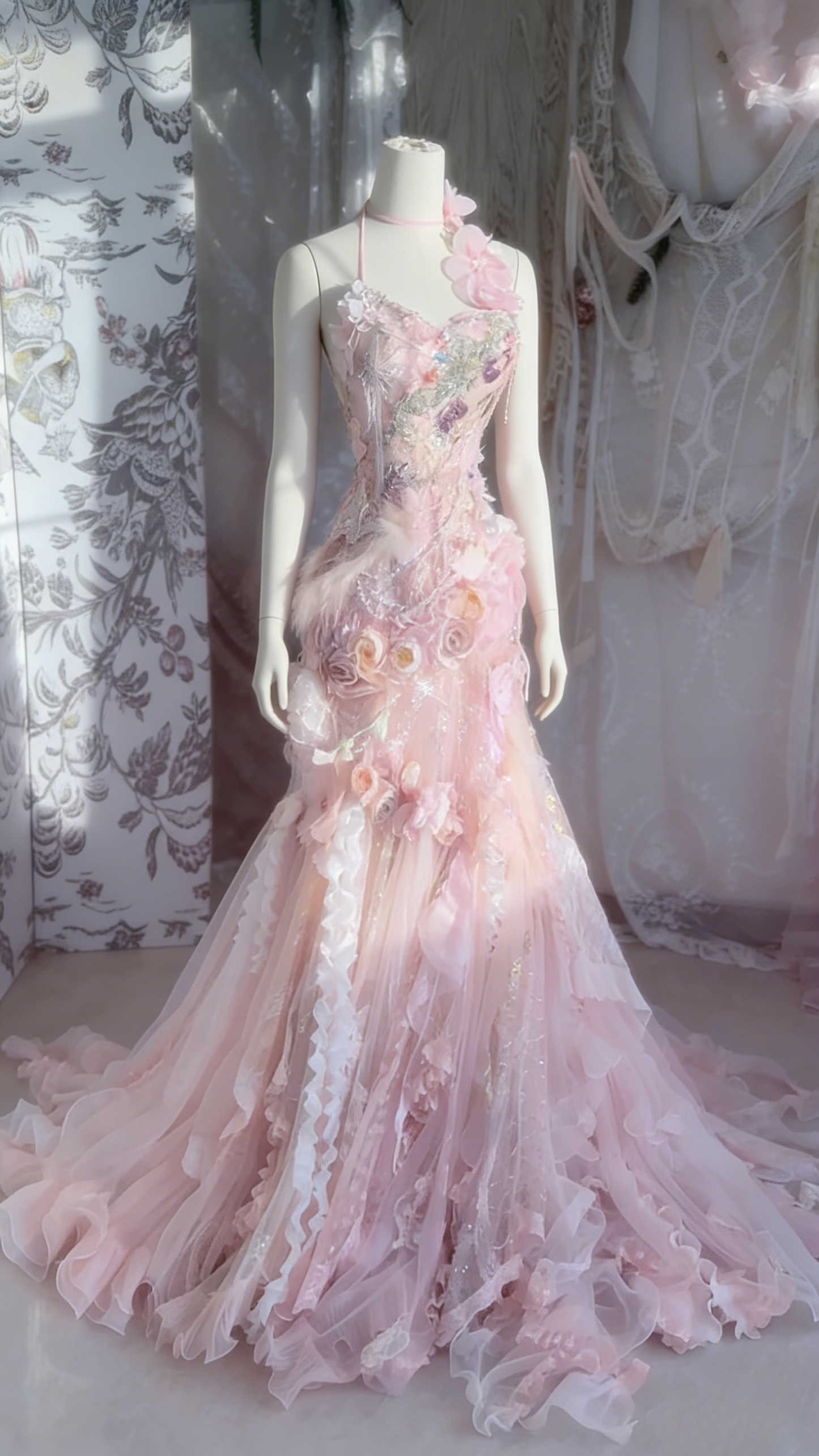 Fairytale Pink Sweetheart Mermaid Tulle Long Prom Dresses Formal Evening Gowns with Appliques ED02713