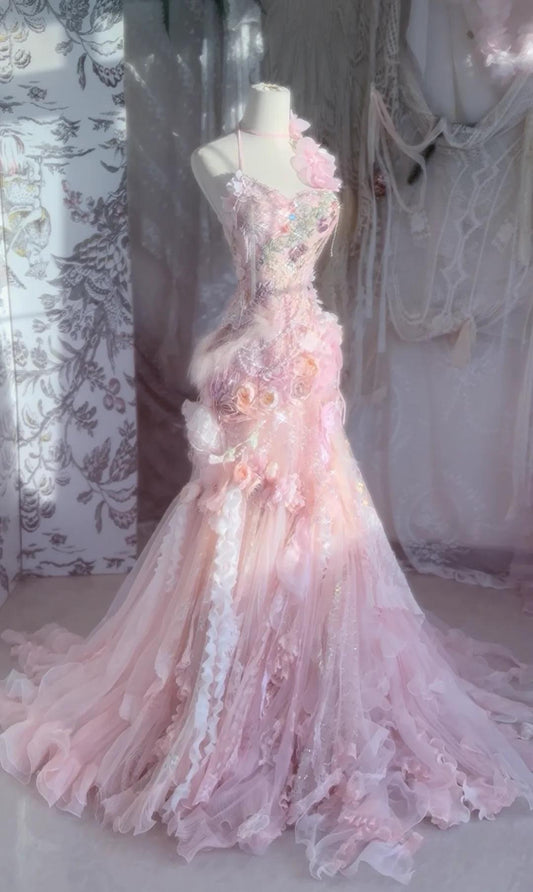 Superbe robe de soirée longue en satin fuchsia, style sirène, sans bretelles, ED02613