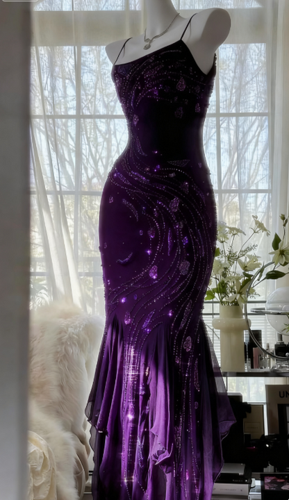 Vintage PURPLE Spaghetti Straps Mermaid Chiffon Beading Prom Dresses Formal Evening Gowns ED02720