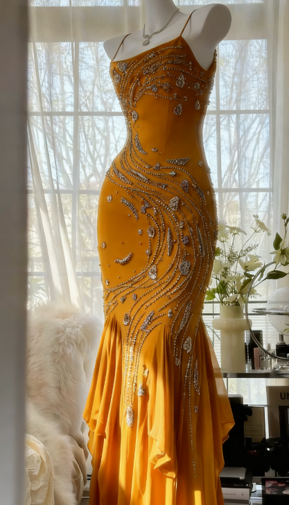 Vintage YELLOW Spaghetti Straps Mermaid Chiffon Beading Prom Dresses Formal Evening Gowns ED02720