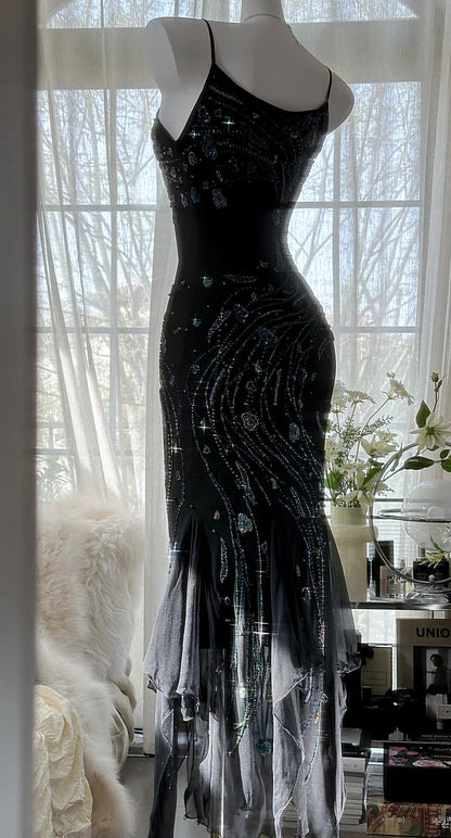 Vintage Black Spaghetti Straps Mermaid Chiffon Beading Prom Dresses Formal Evening Gowns ED02720