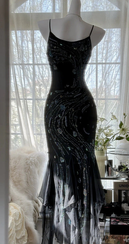 Vintage Black Spaghetti Straps Mermaid Chiffon Beading Prom Dresses Formal Evening Gowns ED02720