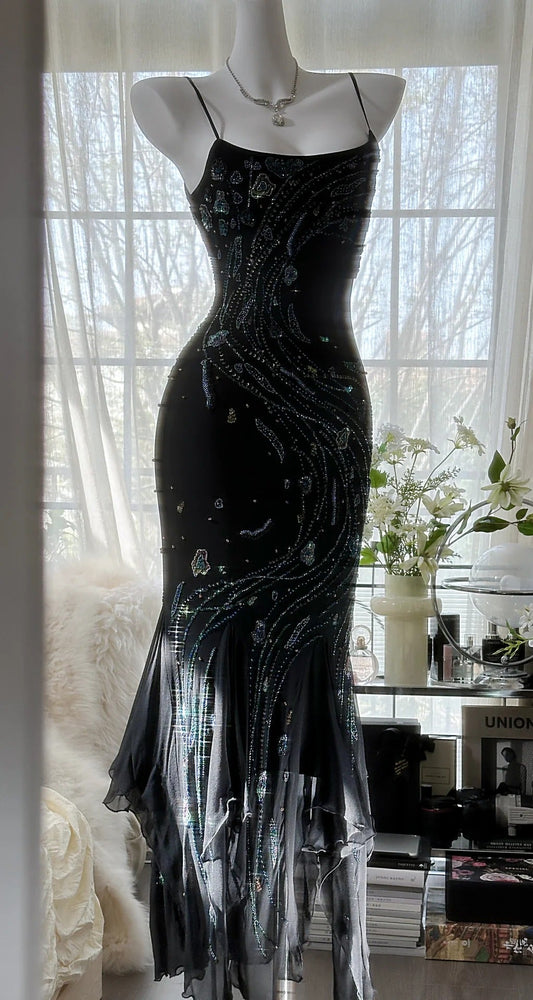 Vintage Black Spaghetti Straps Mermaid Chiffon Beading Prom Dresses Formal Evening Gowns ED02720
