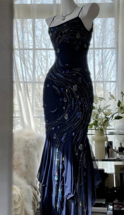Vintage Navy Blue Spaghetti Straps Mermaid Chiffon Beading Prom Dresses Formal Evening Gowns ED02720