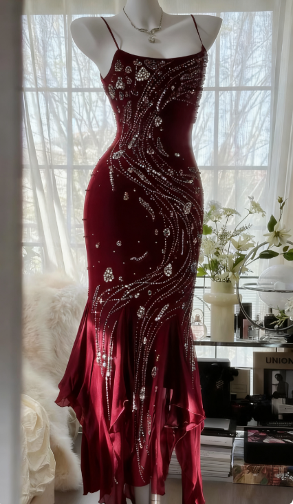 Vintage Black Spaghetti Straps Mermaid Chiffon Beading Prom Dresses Formal Evening Gowns ED02720