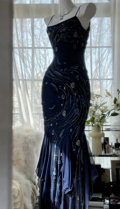 Vintage Black Spaghetti Straps Mermaid Chiffon Beading Prom Dresses Formal Evening Gowns ED02720