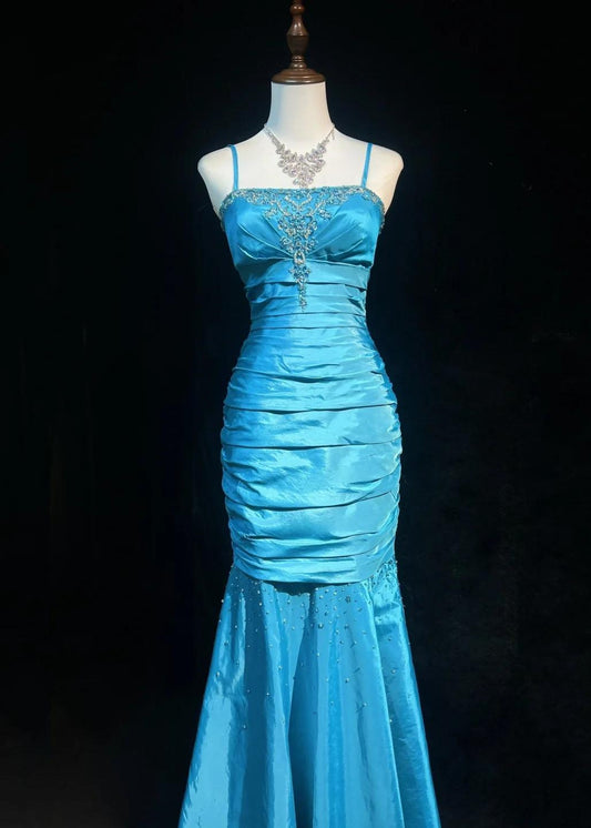 Superbe robe de soirée longue en satin fuchsia, style sirène, sans bretelles, ED02613