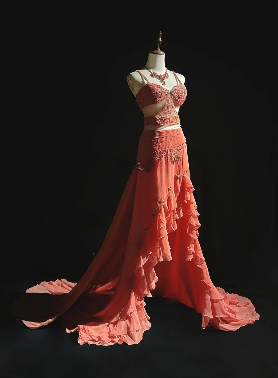 Elegant A Line Peach Spaghetti Straps Chiffon Long Prom Dress, Evening Dress main image 0