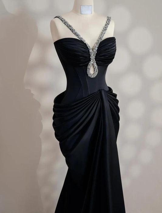 Superbe robe de soirée longue en satin fuchsia, style sirène, sans bretelles, ED02613