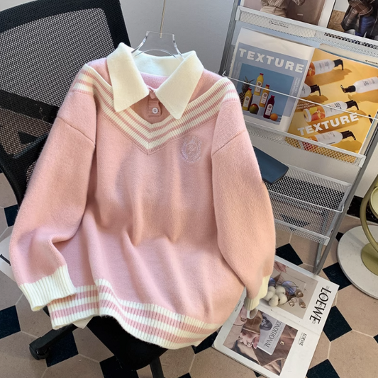 Preppy style fake two piece polo neck Women's long sleeve sweater ED0272