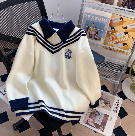 Preppy style fake two piece polo neck Women's long sleeve sweater ED0272