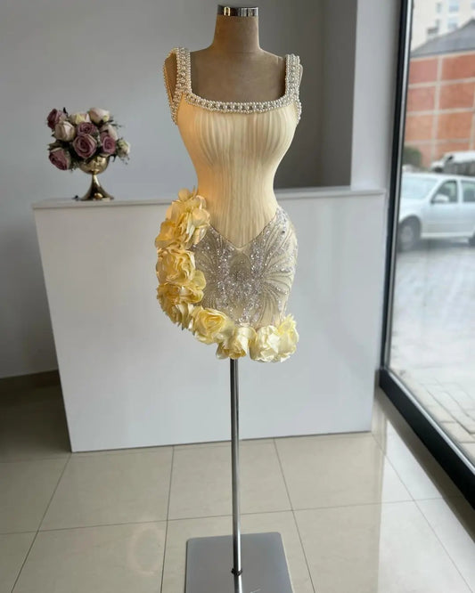 Fashion Butter Yellow Square Neck Bodycon Beaded Tulle Short Prom Dresses Gorgeous Homecoming Dresses ED02741