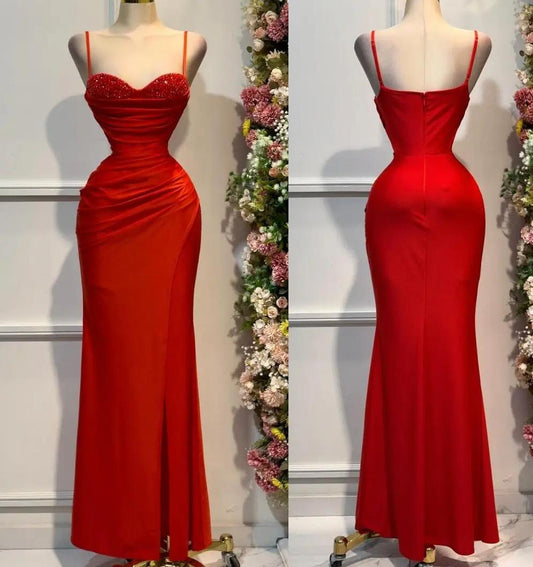 Superbe robe de soirée longue en satin fuchsia, style sirène, sans bretelles, ED02613