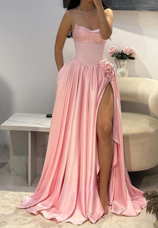 Superbe robe de soirée longue en satin fuchsia, style sirène, sans bretelles, ED02613