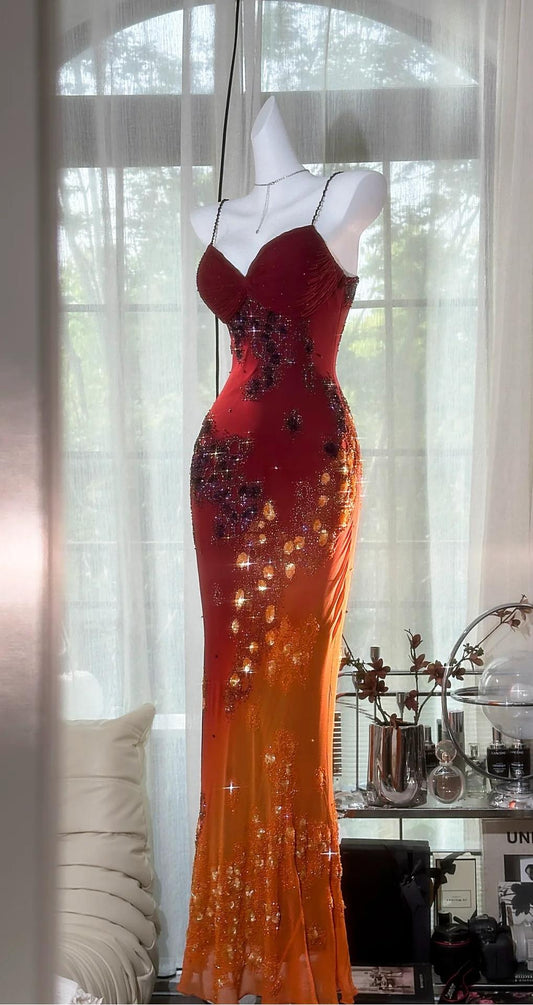Superbe robe de soirée longue en satin fuchsia, style sirène, sans bretelles, ED02613