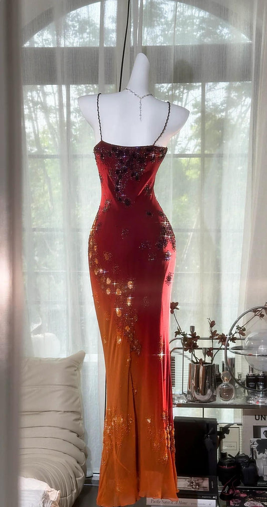 Superbe robe de soirée longue en satin fuchsia, style sirène, sans bretelles, ED02613