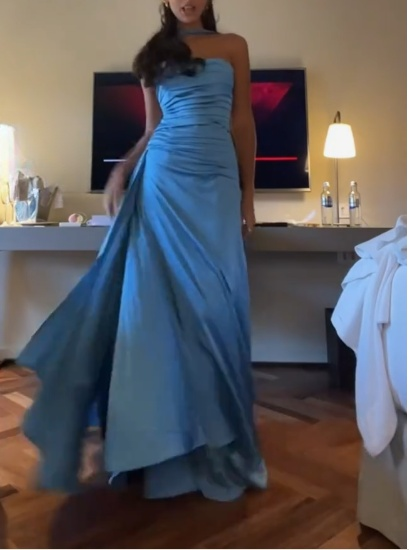 Superbe robe de soirée longue en satin fuchsia, style sirène, sans bretelles, ED02613