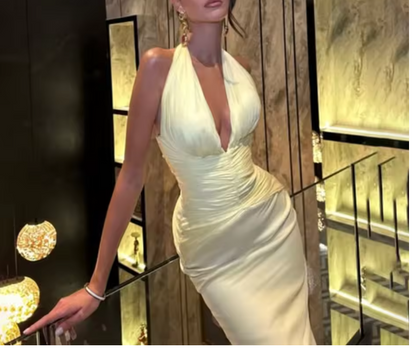 Fashion Butter Yellow V-Neck Mermaid Chiffon Long Prom Dresses Formal Evening Gowns with Open Back ED02760