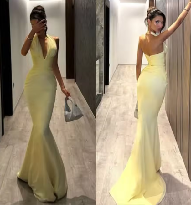 Fashion Butter Yellow V-Neck Mermaid Chiffon Long Prom Dresses Formal Evening Gowns with Open Back ED02760