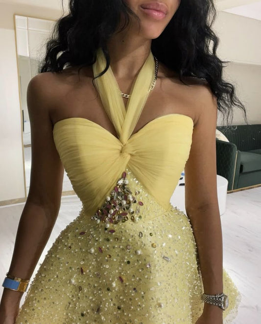 Gorgeous Butter Yellow Halter Neck A-Line Beaded Tulle Homecoming Dresses Short Prom Dresses ED02769
