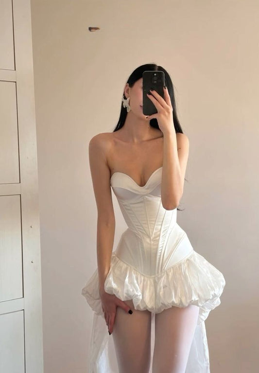 Elegant White Sweetheart A-Line Satin Hi-Lo Prom Dresses Homecoming Dresses ED02773