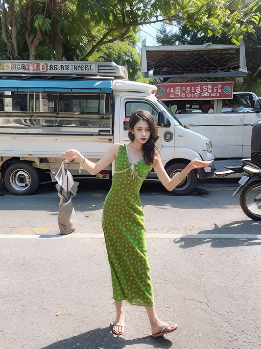 Französisches Retro-Blumenkleid mit V-Ausschnitt ED0277
