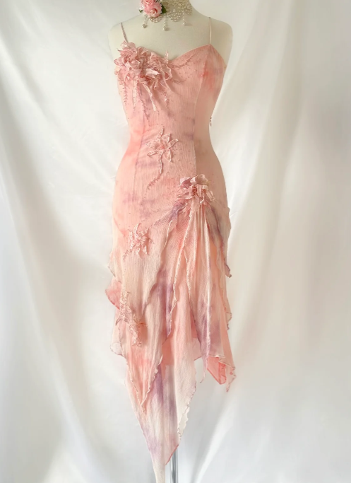 Sweet Spaghetti Straps Sheath Chiffon Beaded Short Prom Dresses Blush Pink Evening Gowns ED02786