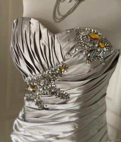 Elegant Silver Strapless Sheath Satin Beaded Short Prom Dresses Homecoming Dresses ED02788