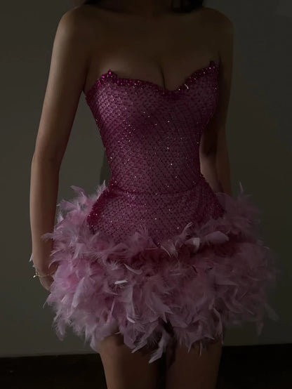 Glam Fuchsia Strapless Bodycon Beading Feathers Short Prom Dresses Fashion Homecoming Dresses ED02794