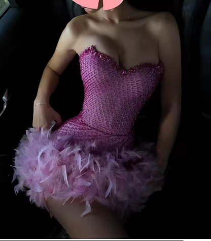 Glam Fuchsia Strapless Bodycon Beading Feathers Short Prom Dresses Fashion Homecoming Dresses ED02794