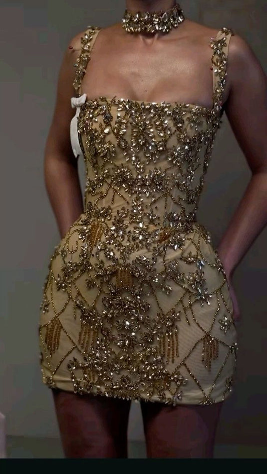 Fashion Light Champagne Spaghetti Straps Bodycon Beaded Short Prom Dresses Homecoming Dresses with Rhinestones ED02796