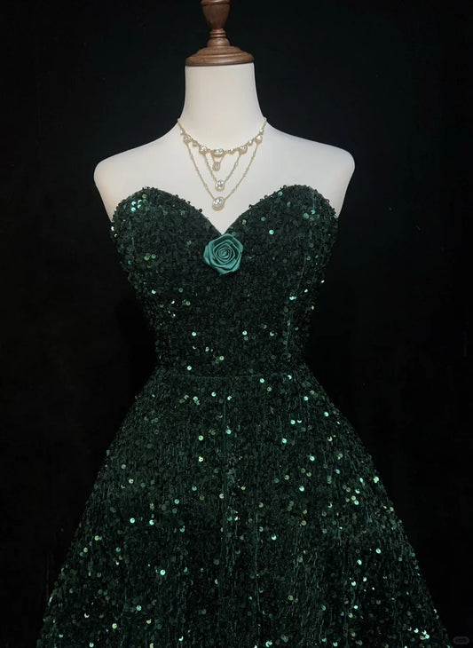 Sweet Dark Green Sweetheart Neck A-Line Sequin Short Prom Dresses Homecoming Dresses ED02798