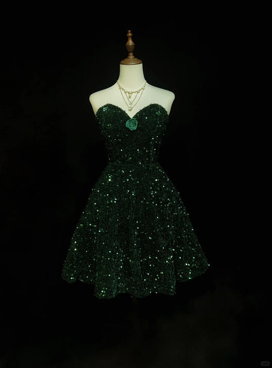Sweet Dark Green Sweetheart Neck A-Line Sequin Short Prom Dresses Homecoming Dresses ED02798