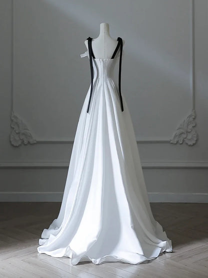 A-Linie Satin Langes Weißes Ballkleid, Langes Weißes Abendkleid ED028