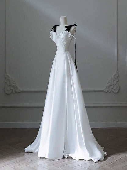 A-Linie Satin Langes Weißes Ballkleid, Langes Weißes Abendkleid ED028